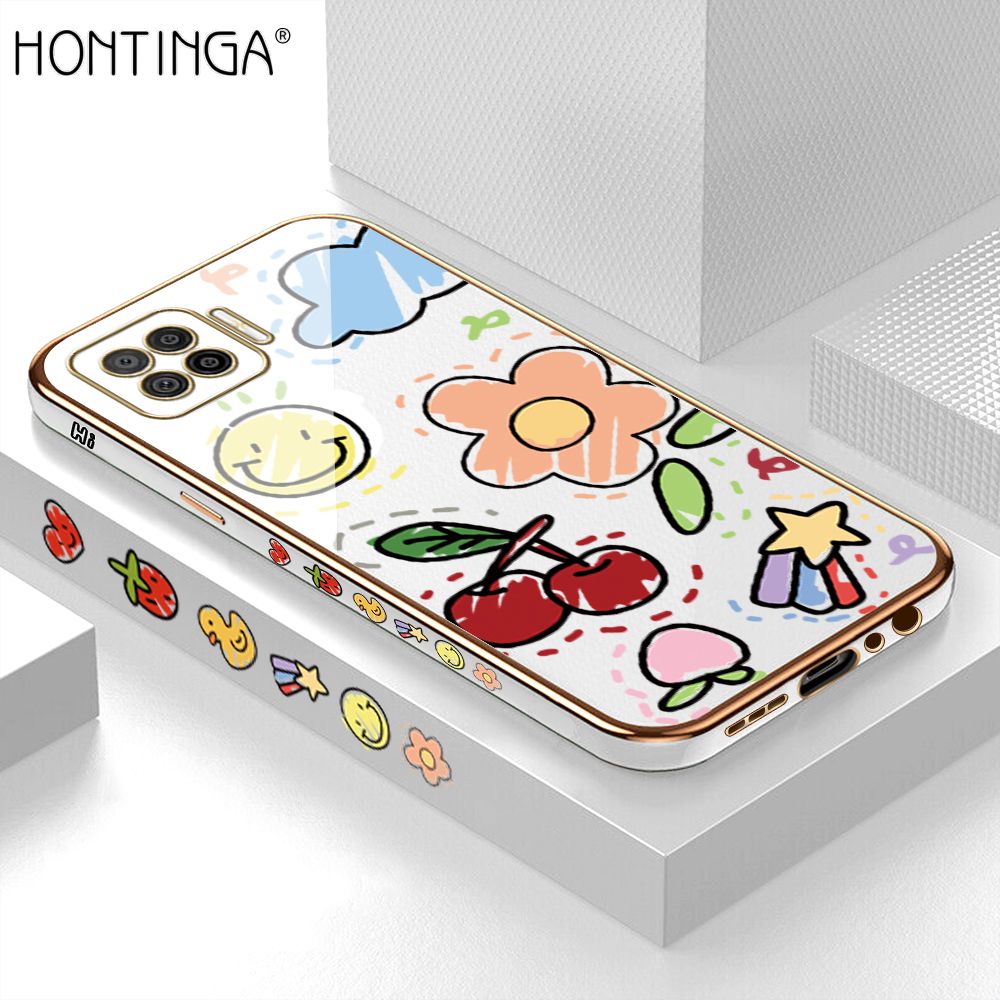Hontinga for OPPO F17 A73 2020 Back Cover + Free Lanyard Luxury 6D Plating Cartoon Cherry Peach Side Pattern Case Soft Silicone Square Mobile Cover