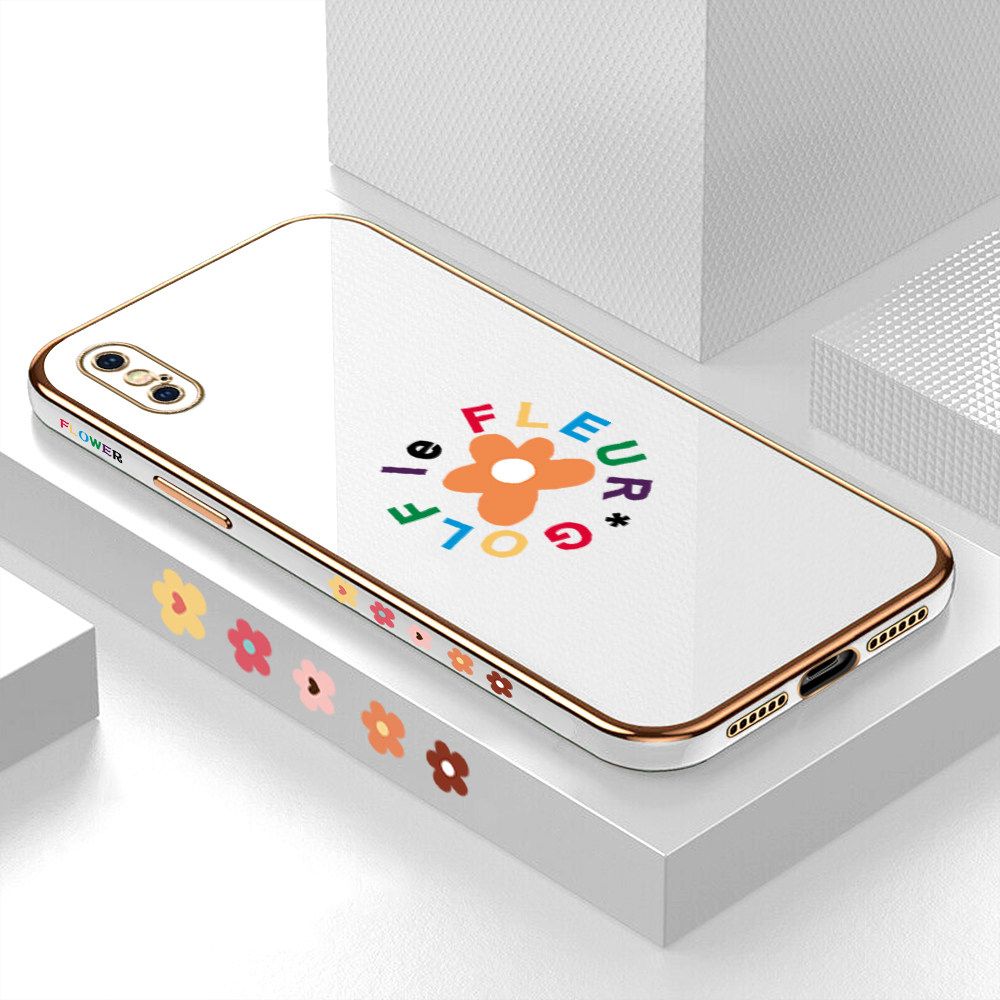 Luxury 6D Plating Case for iPhone X Cartoon Flower Side Pattern Back Cover Soft Silicone Square Frame Shiny Bling Phone Cases + Free Lanyard