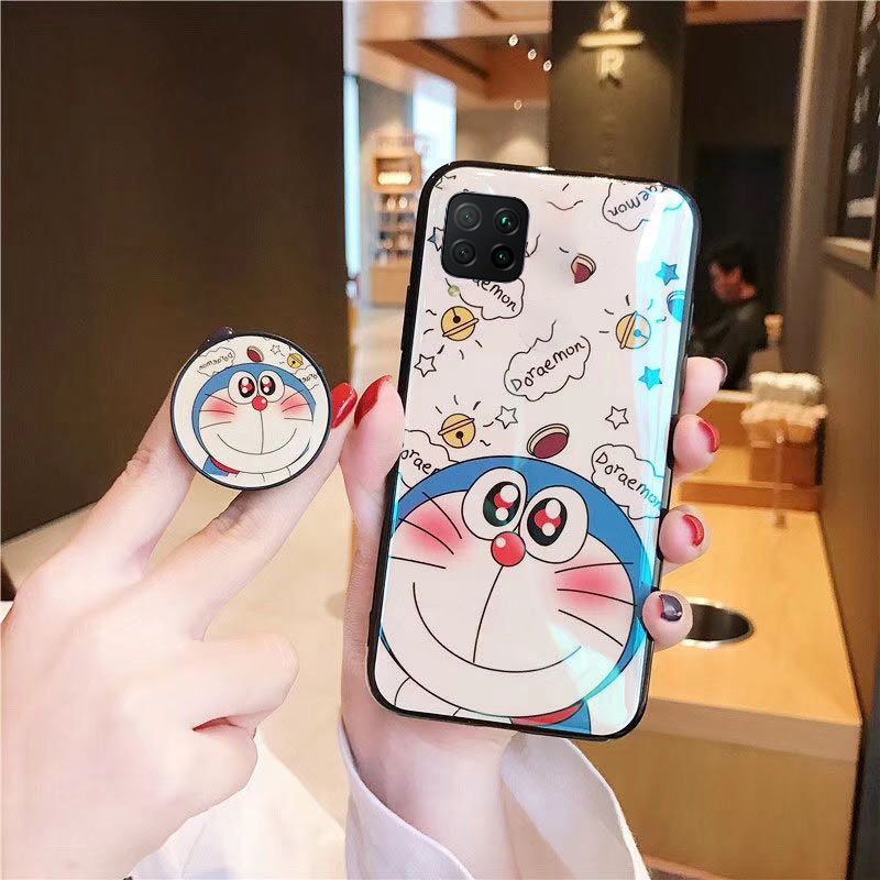 For Samsung Galaxy F22 Case Cute 3D Cartoon Blue Light Happy Doraemon Soft Couple Cases Stand Holder for Samsung F22 Back Cover