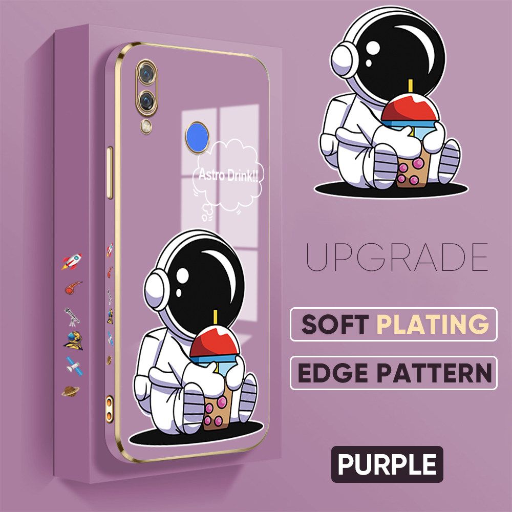 TA for Huawei Nova 3 Back Cover + Free Lanyard Cute Astronaut Luxury 6D Plating Case Side Pattern Soft Silicone Square Phone Cases