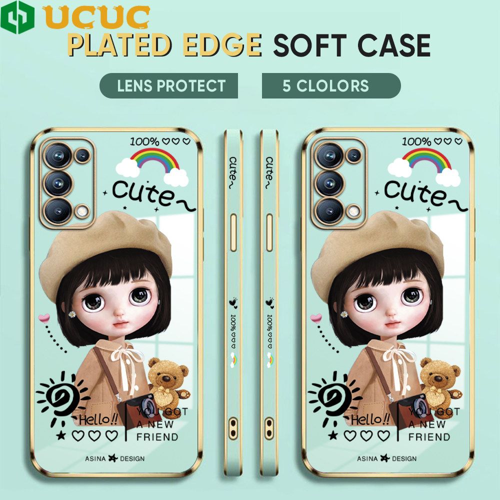 UCUC for OPPO Reno5 Pro 5G Back Cover + Free Lanyard Sunshine Girl Luxury 6D Plating Case Side Pattern Soft Silicone Square Phone Cases