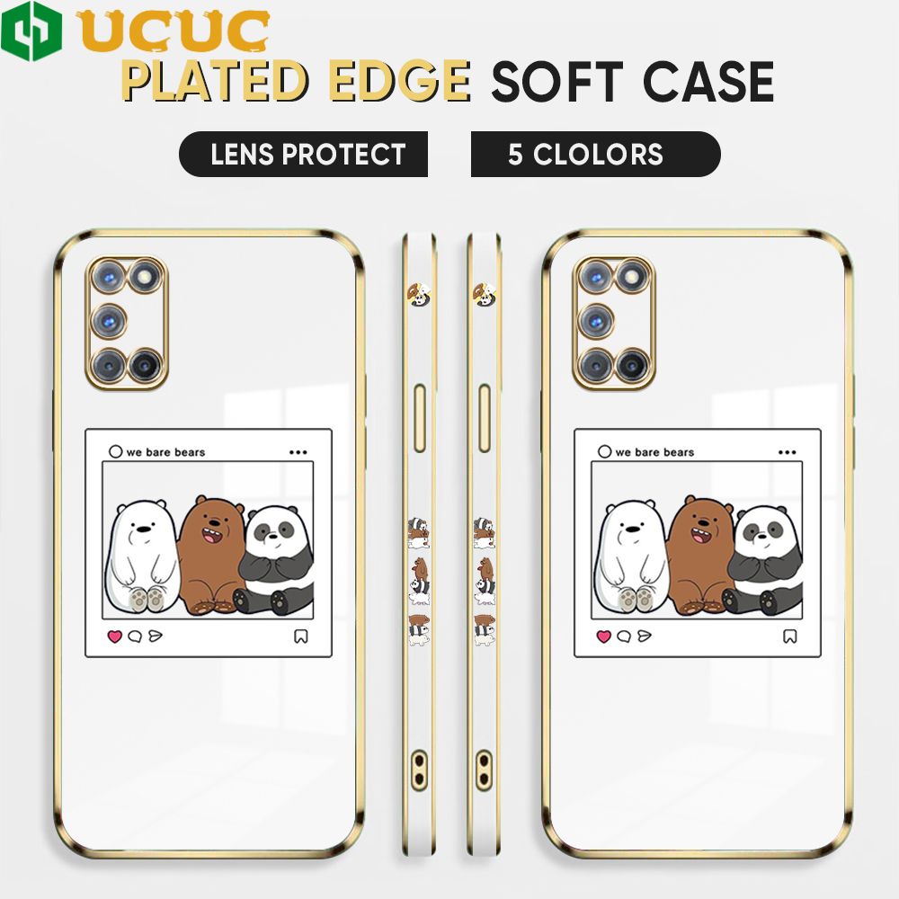 UCUC for OPPO A92 Cover Bears Photo Luxury 6D Plating Soft Casing Silicone Square Frame Phone Case Shiny Bling Back Cover + Free Lanyard