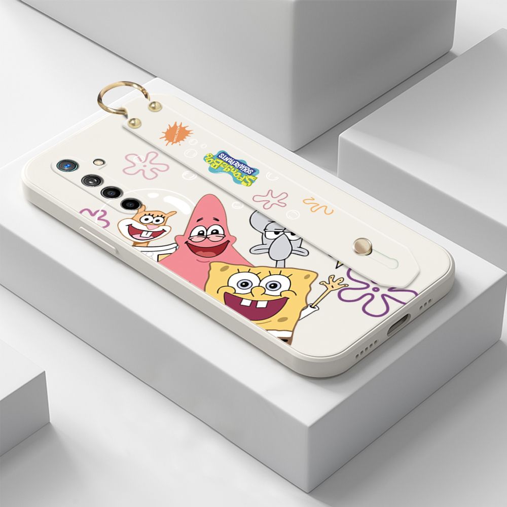 ZeroQiQi for OPPO K5 Wrist Strap Case Cute Cute Funny Cartoon Sponge for Square Pants Cover Square Edge Liquid Silicone Anti-drop Phone Case