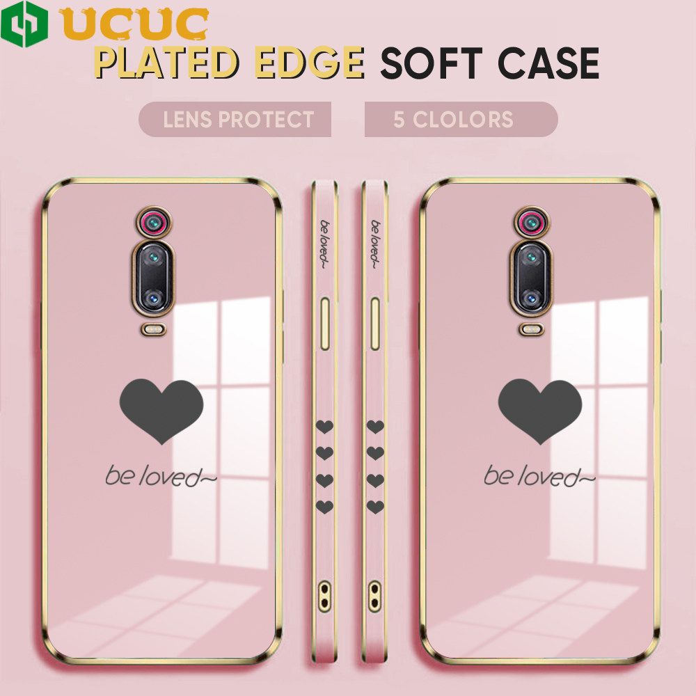 UCUC for Redmi K20 Pro / K20 / Xiaomi 9T Back Cover + Free Lanyard Lover Heart Luxury 6D Plating Case Side Pattern Soft Silicone Square Phone Cases