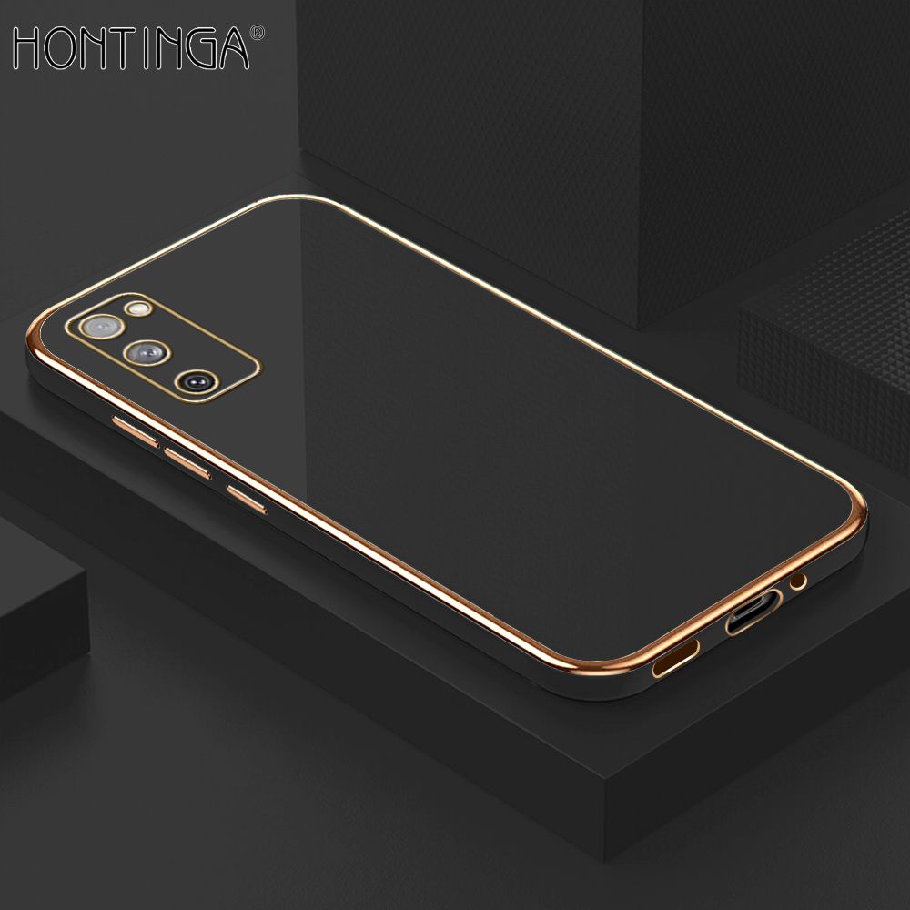 Hontinga for Samsung Galaxy S20 FE 4G / 5G Case + Free Lanyard Luxury 6D Plating Soft Back Cover Silicone Square Frame Shiny Bling Phone Cover
