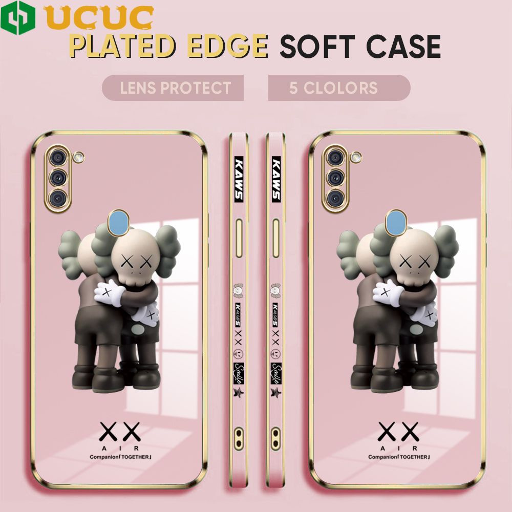 UCUC for Samsung Galaxy M11 Cover Hug Bear Luxury 6D Plating Soft Casing Silicone Square Frame Phone Case Shiny Bling Back Cover + Free Lanyard