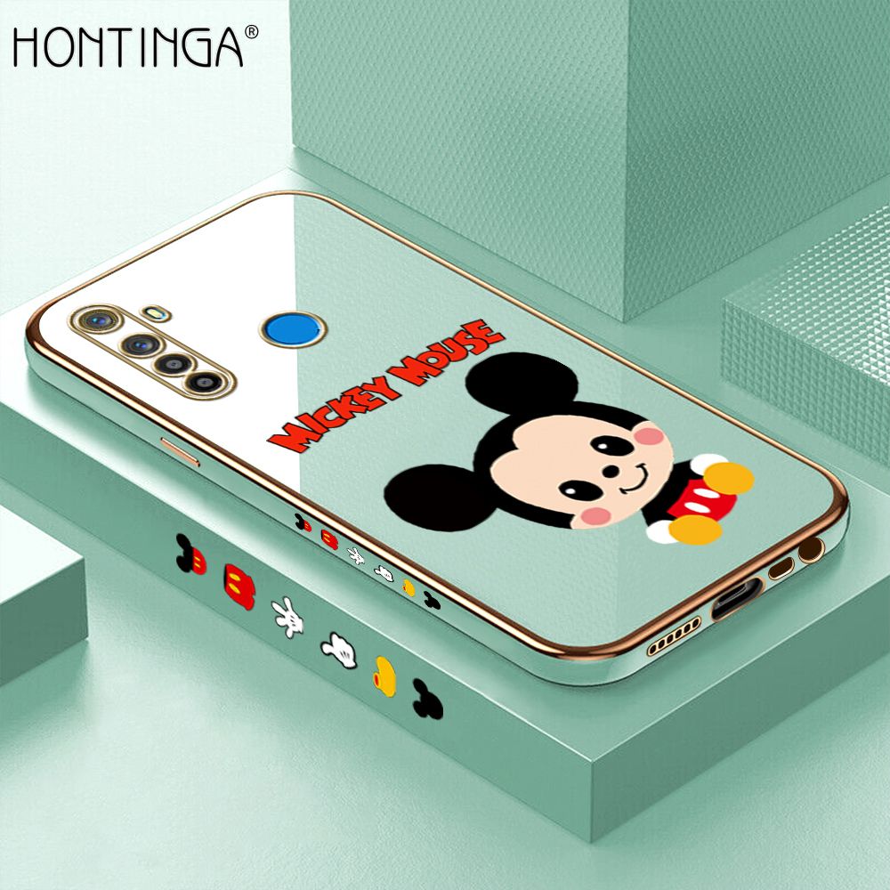 Hontinga for Realme 5 5I 5S 6I Back Cover + Free Lanyard Luxury 6D Plating Cute Cartoon Mouse Side Pattern Case Soft Silicone Square Mobile Cover