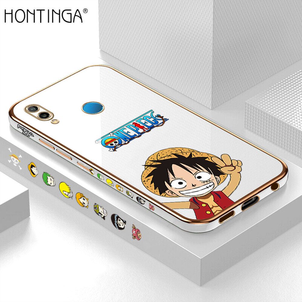 Hontinga for Huawei P20 Lite / Nova 3E Back Cover + Free Lanyard Luxury 6D Plating Anime Cartoon Happy Luffy Side Pattern Case Soft Silicone Square Mobile Cover