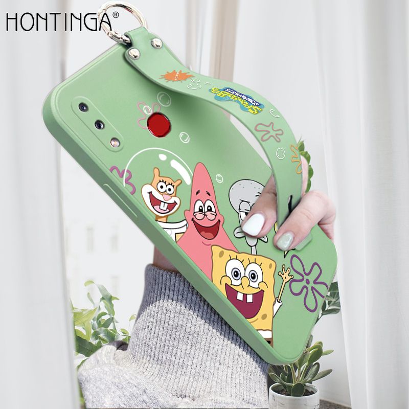 Hontinga for Samsung Galaxy A10S Wrist Strap Case Cute Cute Funny Cartoon Sponge for Square Pants Cover Square Edge Liquid Silicone Anti-drop Phone Case