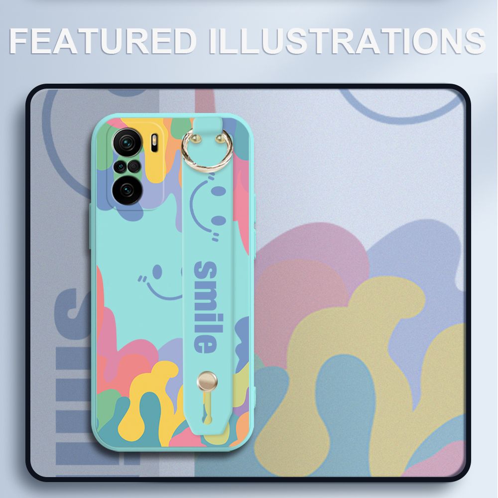 UCUC for Xiaomi Poco F3 Wrist Strap Case INS Style Soft Candy Color Splash Ink Cover Ultra Thin Anti Fall Liquid Silicone Phone Case