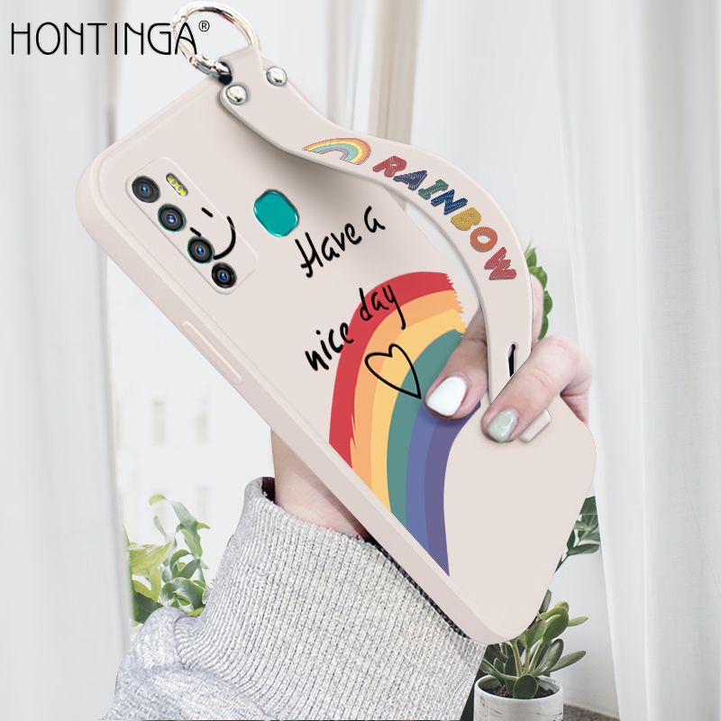 Hontinga for Infinix Hot 9 Wrist Strap Case Lovely Graffiti Rainbow Smile Thin Phone Cover Square Edge Liquid Silicone Creativity Phone Case