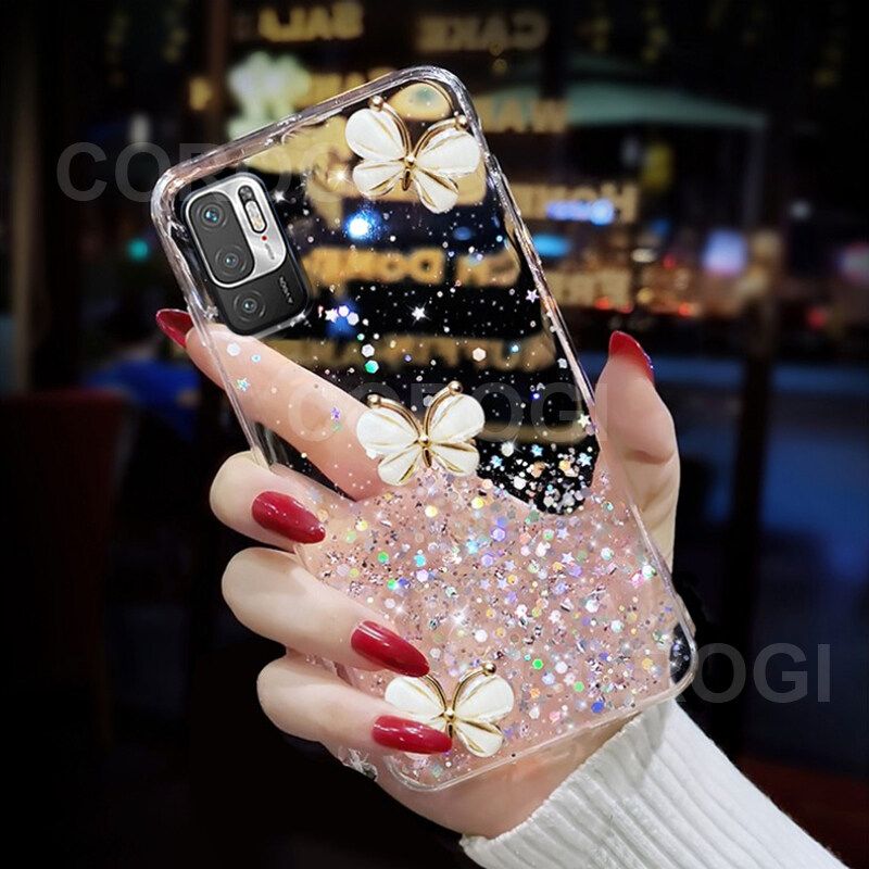 For Xiaomi POCO M3 Pro 5G Cover Fashion 3D Diamond Butterfly Shiny Glitter Starry Space Phone Case Clear Soft TPU Silicone Shockproof Protective Back Cover