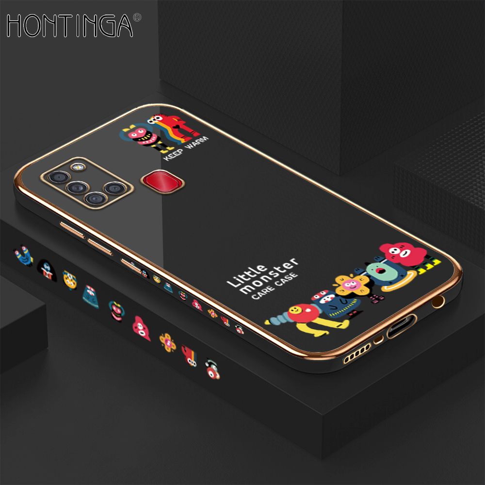 Hontinga for Samsung A21S Back Cover + Free Lanyard Luxury 6D Plating Cute Mobs Collection Side Pattern Case Soft Silicone Square Mobile Cover