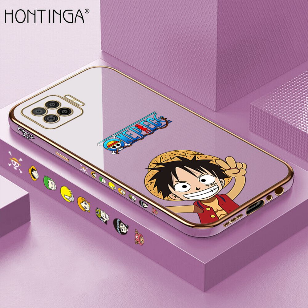 Hontinga for OPPO F17 A73 2020 Back Cover + Free Lanyard Luxury 6D Plating Anime Cartoon Happy Luffy Side Pattern Case Soft Silicone Square Mobile Cover