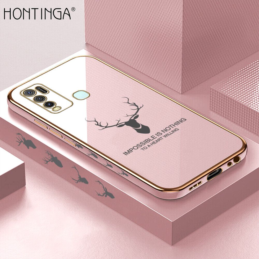 Hontinga for Vivo Y50 Y30 Y30I Back Cover + Free Lanyard Luxury 6D Plating Cartoon Lucky Side Pattern Case Soft Silicone Square Phone Cases