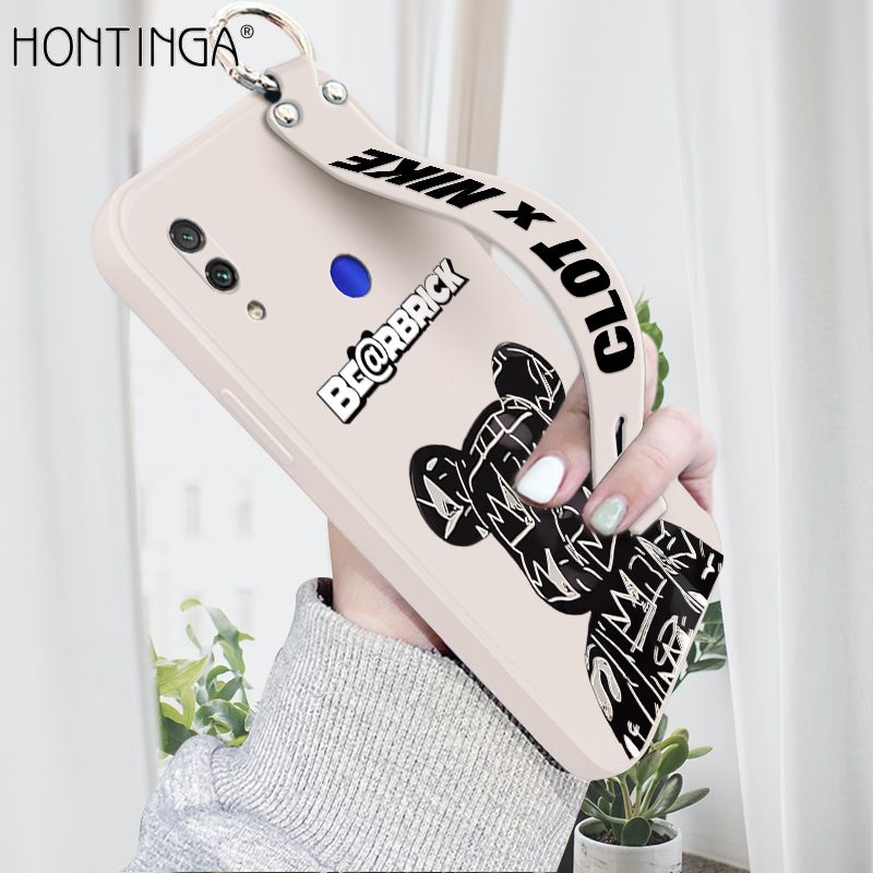Hontinga for Redmi Note 7 / Note 7 Pro Wrist Strap Case Fashion Black Brand Bear Phone Case Square Edge Liquid Silicone Cases Full Cover Camera Shockproof Protection Cases