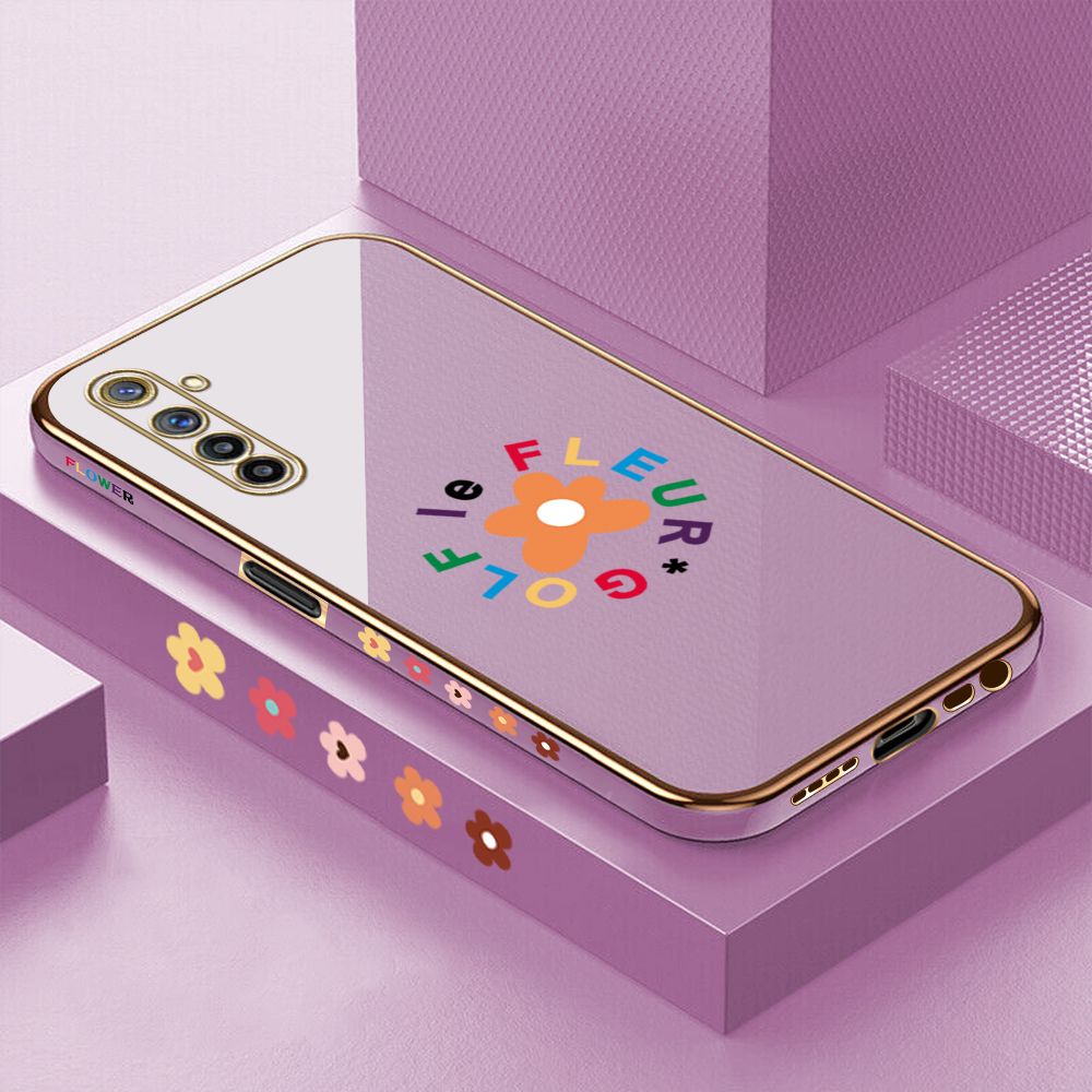 Luxury 6D Plating Case for Realme 6 Cartoon Flower Side Pattern Back Cover Soft Silicone Square Phone Cases + Free Lanyard