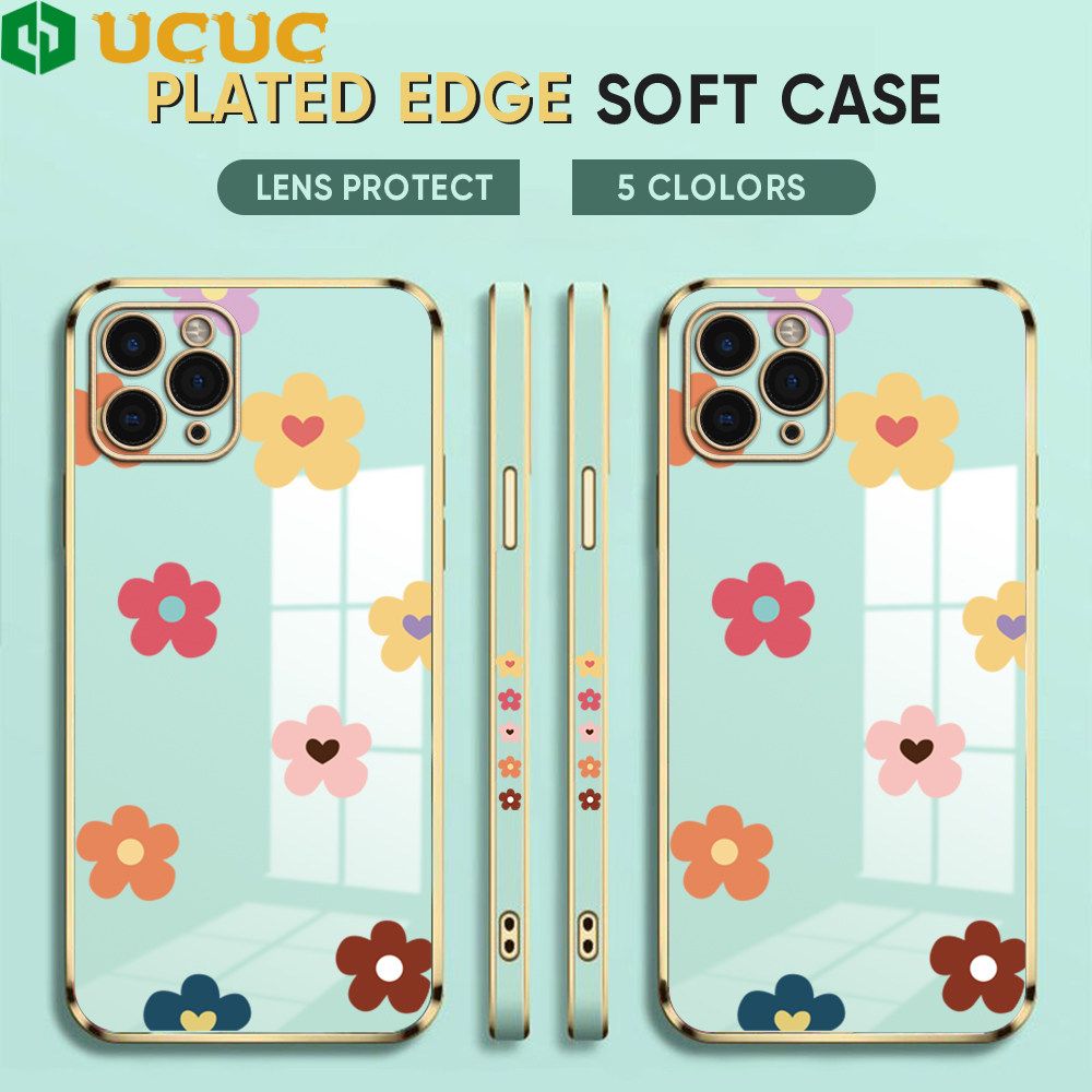 UCUC for iPhone 11 Pro Max Back Cover + Free Lanyard INS Style Flower Luxury 6D Plating Case Side Pattern Soft Silicone Square Phone Cases