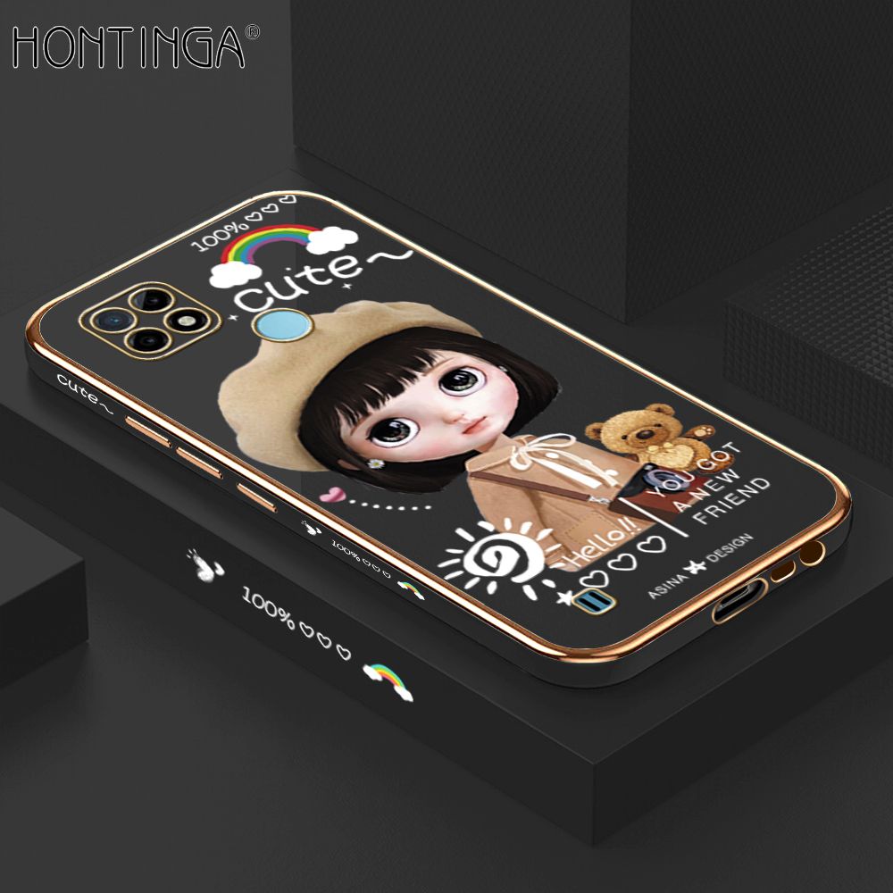 Hontinga for Realme C21Y C25Y Case + Free Lanyard Luxury 6D Plating Cute Satchel Girl Side Pattern Soft Back Cover Silicone Square Frame Shiny Bling Phone Cover