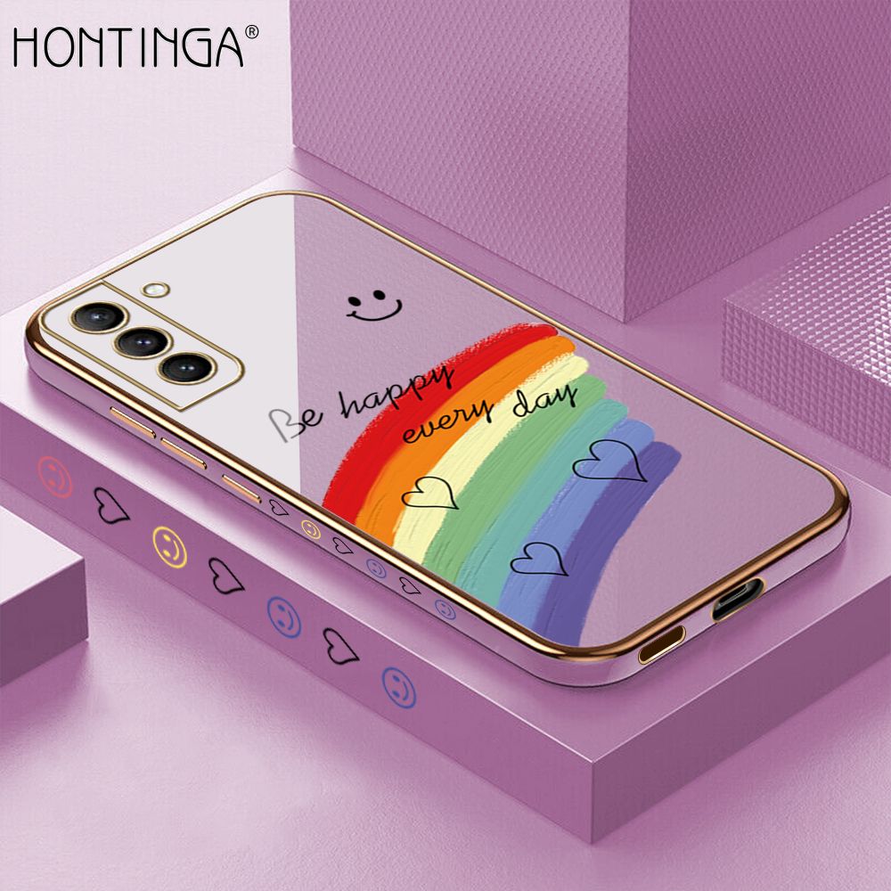 Hontinga for Samsung S21 Plus 5G Back Cover + Free Lanyard Luxury 6D Plating Smile Rainbow Side Pattern Case Soft Silicone Square Mobile Cover