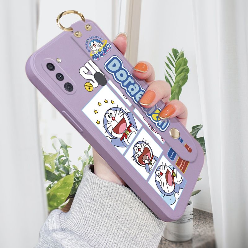 Jizetin for Samsung Galaxy A11 / M11 Wrist Strap Case Creative Cartoon Doraemon's Daily Life Cover Ultra Thin Anti Fall Liquid Silicone Phone Case