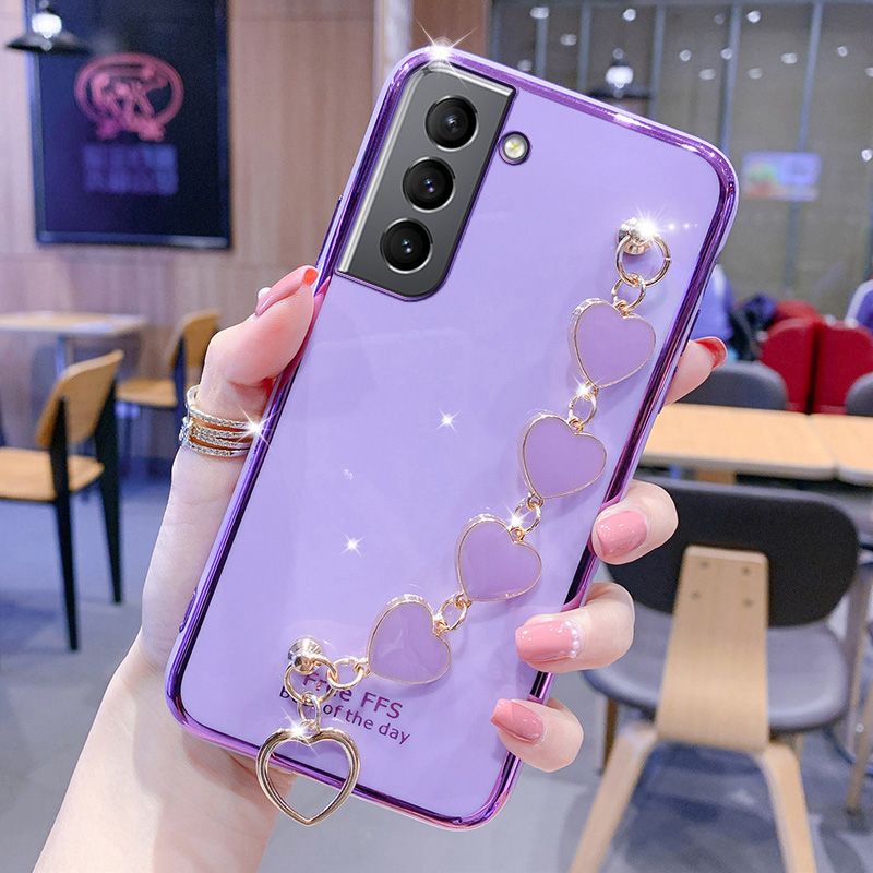 For Samsung Galaxy S21 Cover, with Luxury Love Heart Bracelet Fashion Plating Soft Phone Cover Case Pretty Girls Woman Cases Soft Silicone Bumper Shockproof Protection Back Cover