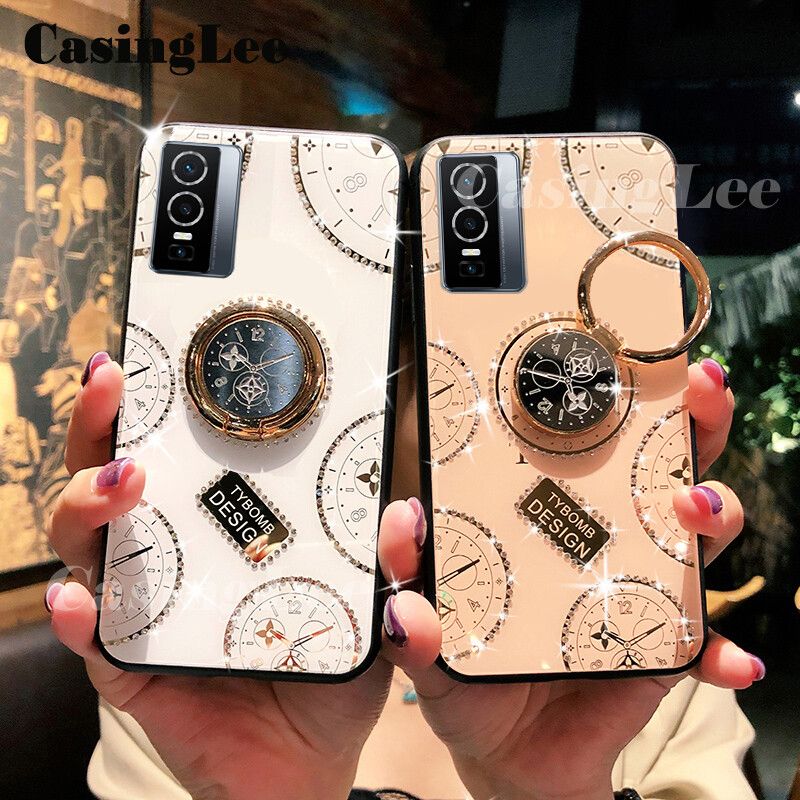 CasingLee For VIVO Y76 5G case Navigation Magnetic Ring Holder Luxury Diamond clock Mirror Back Cover VIVO Y76 5G Phone cases cover Luxury with Lanyard For girls and Boys