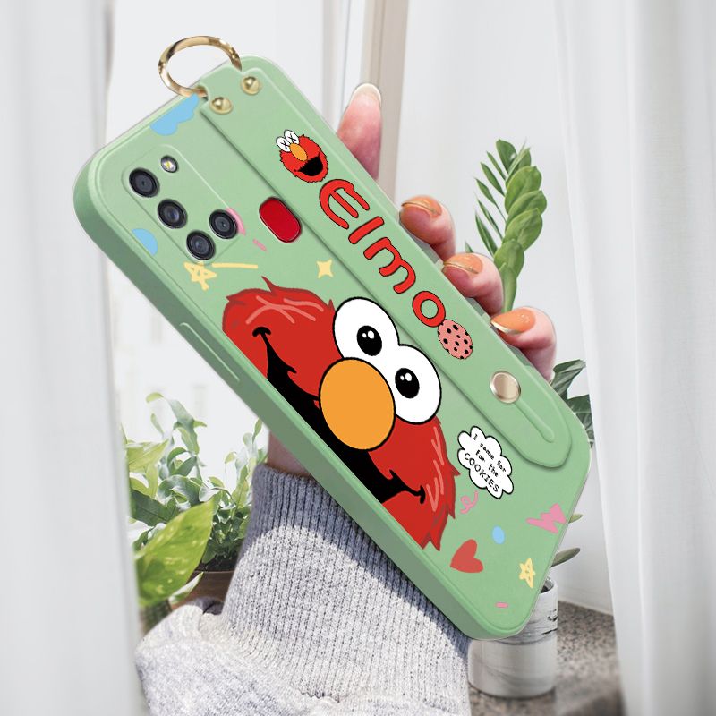 Jizetin for Samsung Galaxy A21S Wrist Strap Case Creative Cartoon Red Haired Monster Cover Ultra Thin Anti Fall Liquid Silicone Phone Case