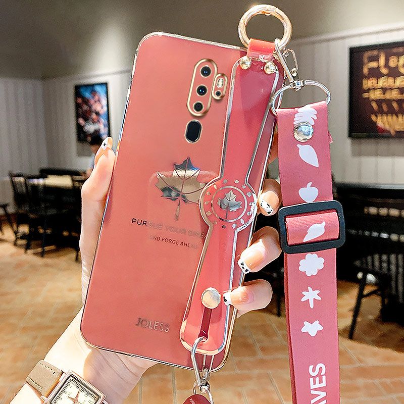 For OPPO A9 2020 / OPPO A5 2020 Back Cover with Lanyard + Wristband Fashion Shiny Maple Leaf Plating Bumper Stand Holder Case Camera Protection Soft Silicone Mobile Phone Cases