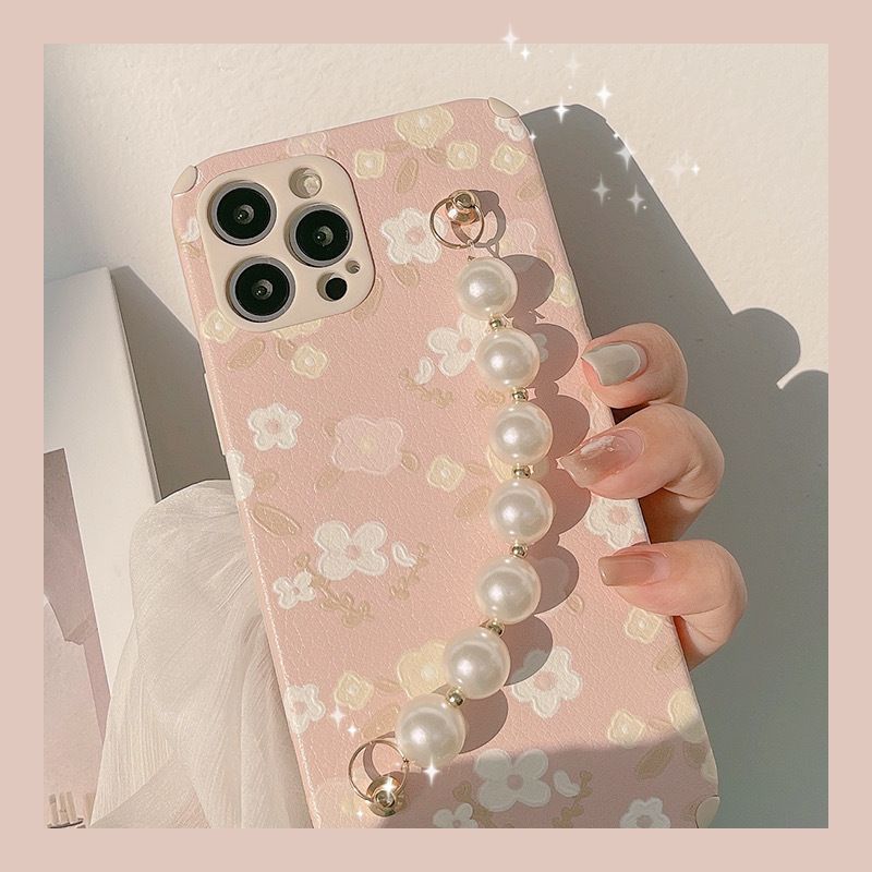 Leather Case with Chain Flower Pattern Silicone Soft Cover