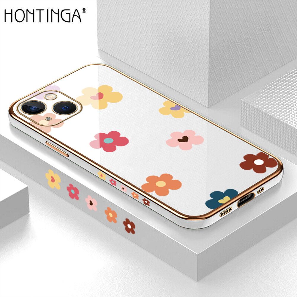 Hontinga for iPhone 13 Mini Back Cover + Free Lanyard Luxury 6D Plating Falling Flower Side Pattern Case Soft Silicone Square Mobile Cover