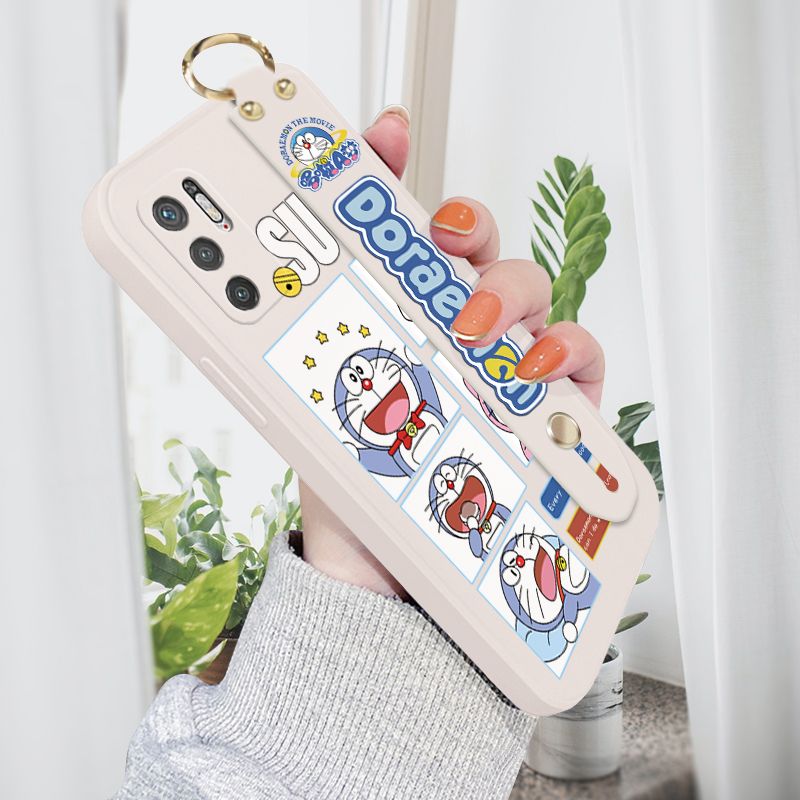 Jizetin for Xiaomi Poco M3 Pro 5G / 4G / Remi Note 10 5G Wrist Strap Case Creative Cartoon Doraemon's Daily Life Cover Ultra Thin Anti Fall Liquid Silicone Phone Case