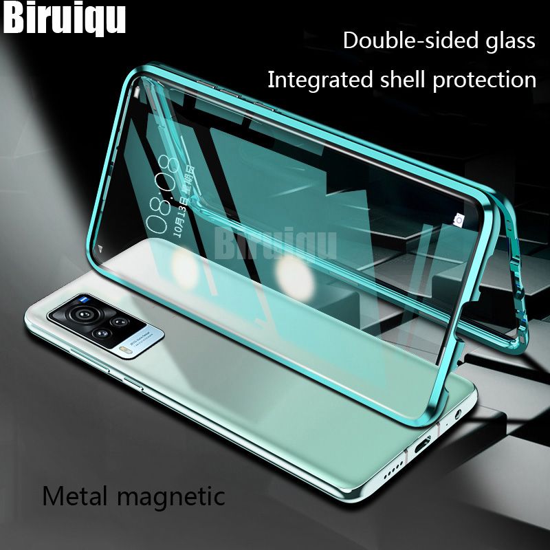 Biruiqu For VIVO X60 Pro Magnetic Absorption Case Metal Frame Shockproof Double Sided Tempered Glass Magnetic Case Cover