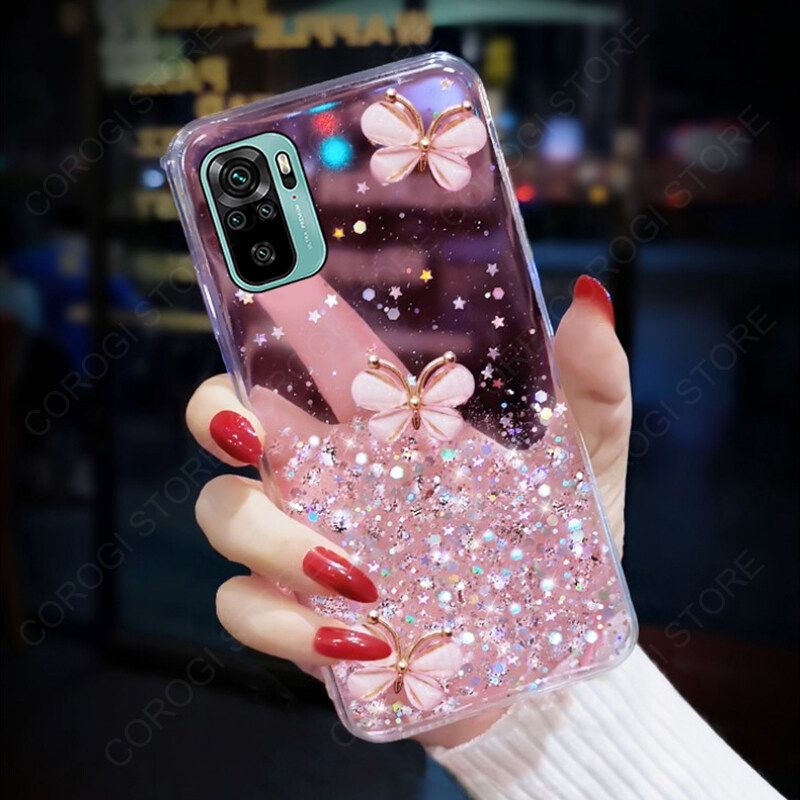 For Xiaomi Redmi Note 10 4G / Redmi Note 10S Cover Fashion 3D Diamond Butterfly Shiny Glitter Starry Space Phone Case Clear Soft TPU Silicone Shockproof Protective Back Cover