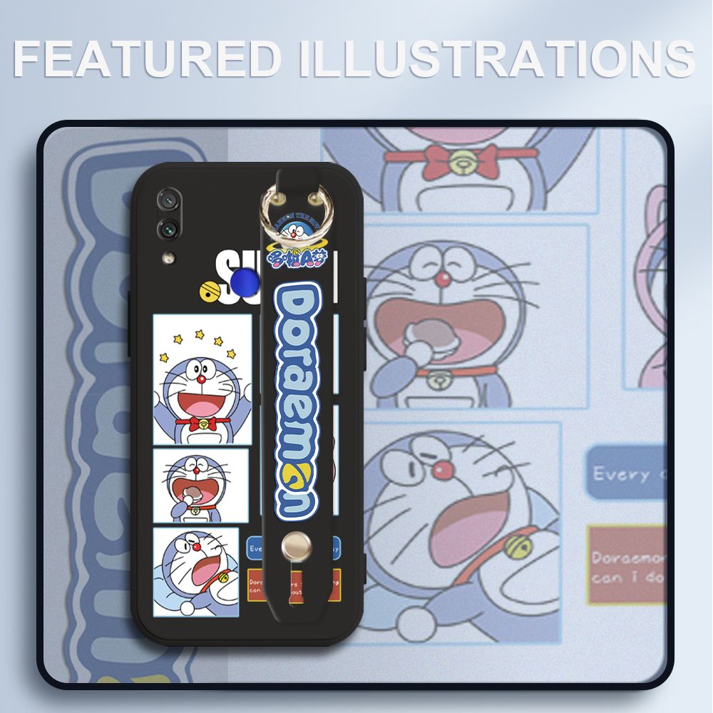 UCUC for Xiaomi Redmi Note 7 Wrist Strap Case Creative Cartoon Doraemon's Daily Life Cover Ultra Thin Anti Fall Liquid Silicone Phone Case