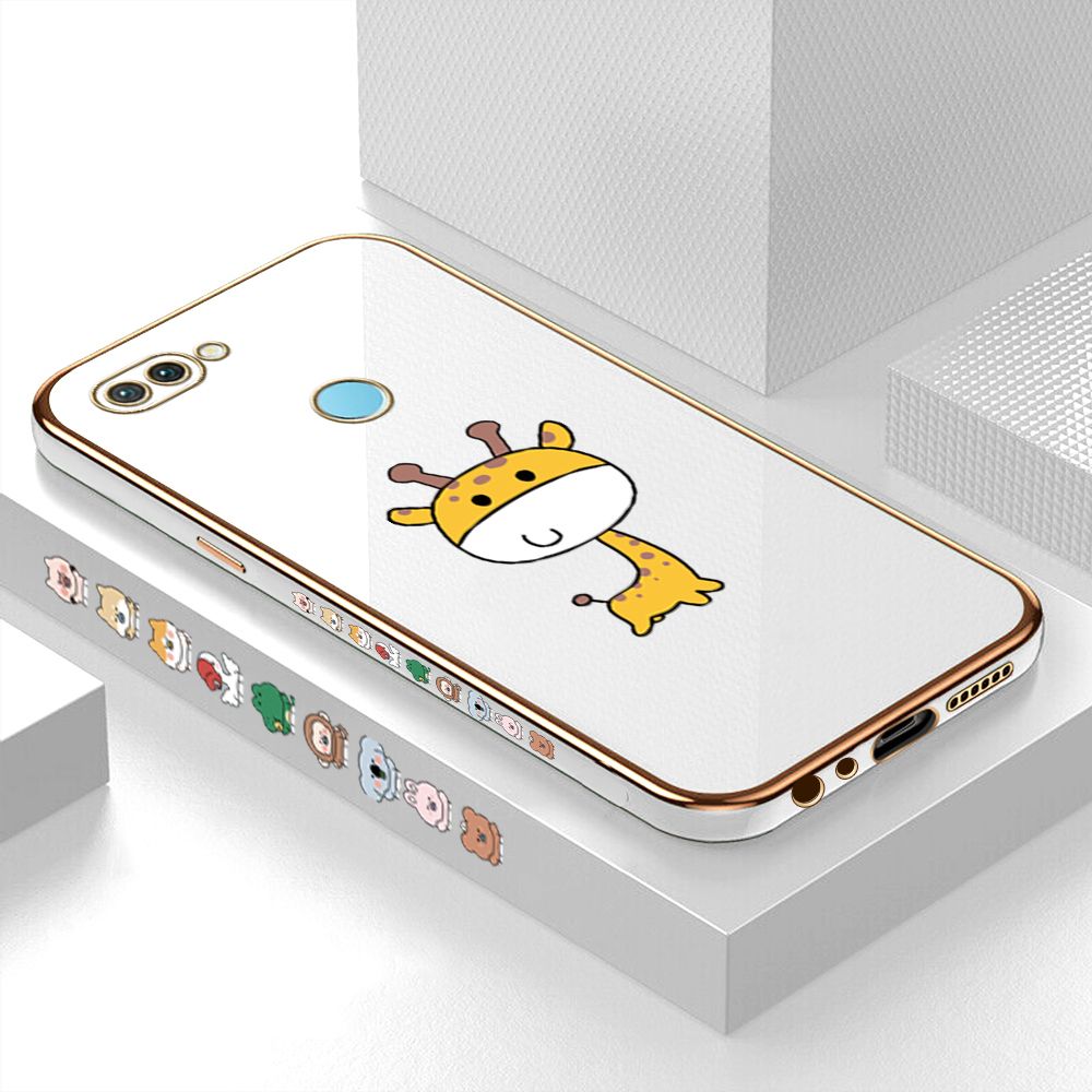 Luxury 6D Plating Case for Realme U1 Color Cute Giraffe Side Pattern Back Cover Soft Silicone Square Frame Shiny Bling Phone Cases + Free Lanyard