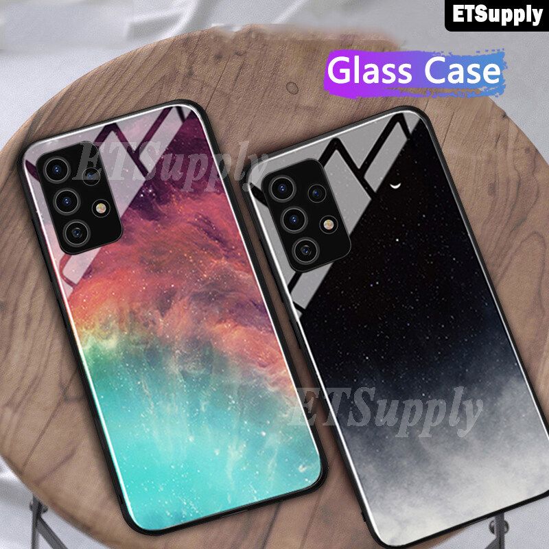 For Galaxy A73 5G Cases Starry Galaxy Moon Design Protective Back Tempered Glass Couple Phone Case Samsung Galaxy A73 5G Cover