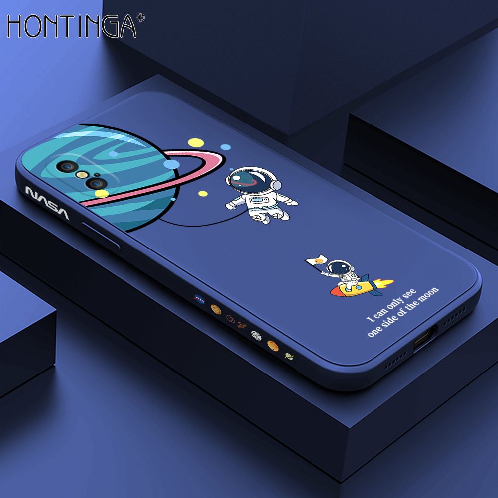 Hontinga for iPhone X XS Case Cartoon Astronaut Side Design Back Cover Soft Square Edge Liquid Silicone Phone Cases