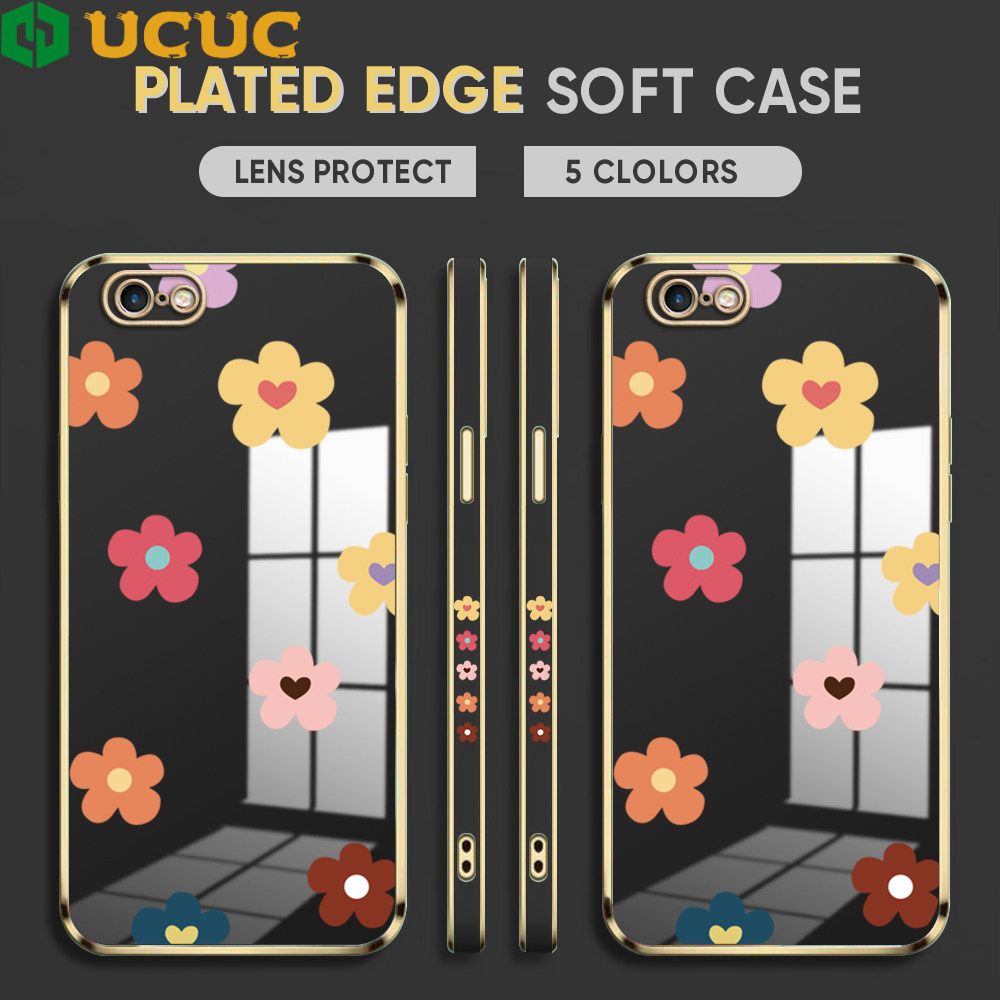 UCUC for iPhone 6 Plus 6s Plus Back Cover + Free Lanyard INS Style Flower Luxury 6D Plating Case Side Pattern Soft Silicone Square Phone Cases