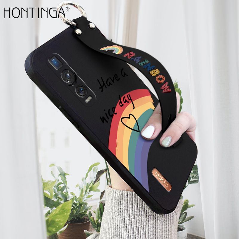 Hontinga for OPPO Find X2 Pro Wrist Strap Case Lovely Graffiti Rainbow Smile Thin Phone Cover Square Edge Liquid Silicone Creativity Phone Case