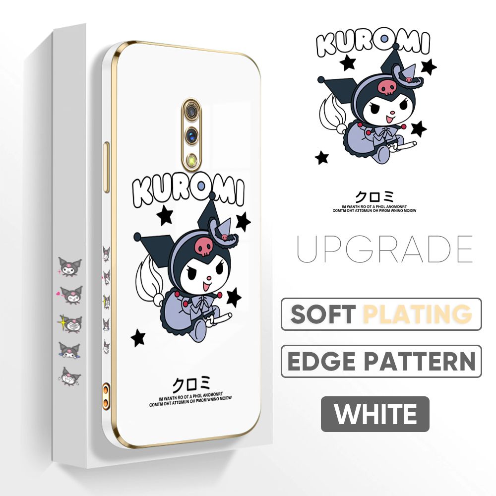 Jizetin (Free Lanyard) Realme X Cover Cute Kuromi Luxury 6D Plating Soft Casing Silicone Square Frame Phone Case Shiny Bling Back Cover