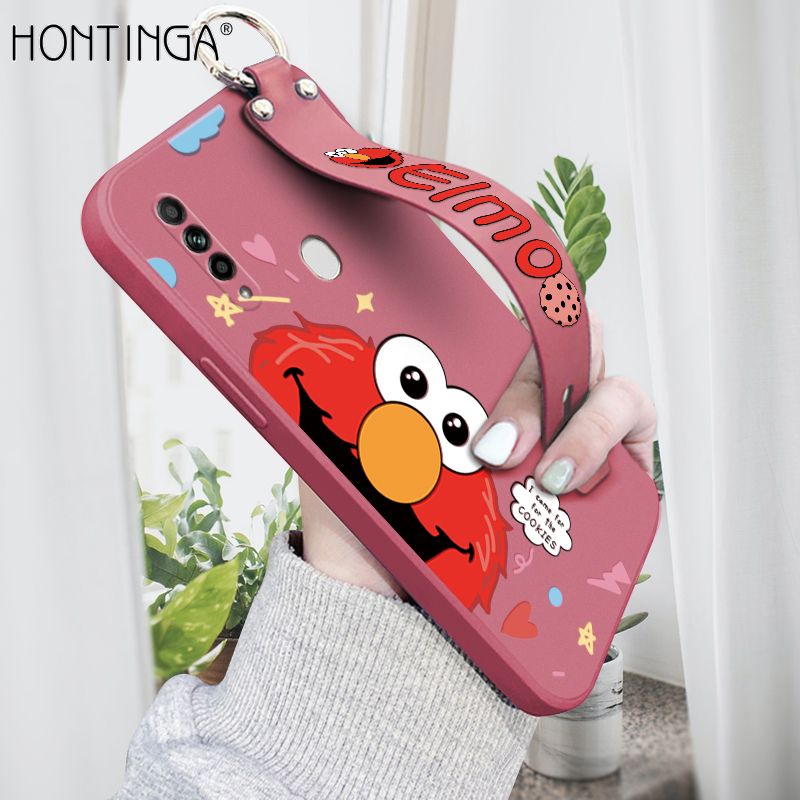 Hontinga for OPPO A31 2020 Wrist Strap Case Cute Cute Cartoon Little Monster Phone Cover Square Edge Liquid Silicone Case Full Cover Camera Shockproof Protective Cases
