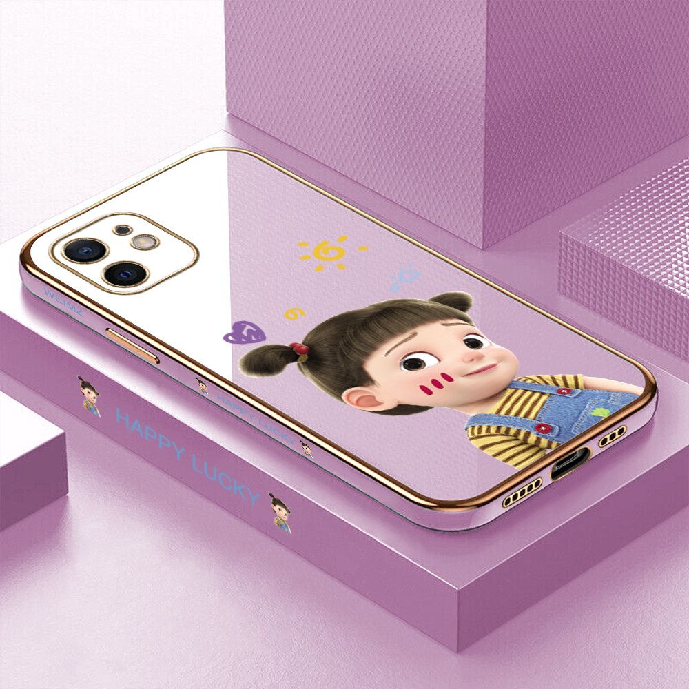 ZeroQiQi for iPhone 12 Back Cover Cute Girl Luxury 6D Plating Case Side Pattern Soft Silicone Square Mobile Phone Cases + Free Lanyard