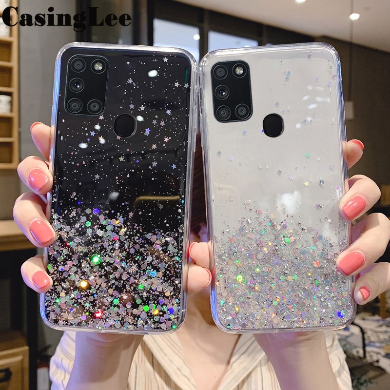Casinglee For Samsung Galaxy A21S case Full Stars Moon Glitter Bling Sequins Cases for Samsung A21S Phone Cover Starry Sky Transparent Soft Back Cover