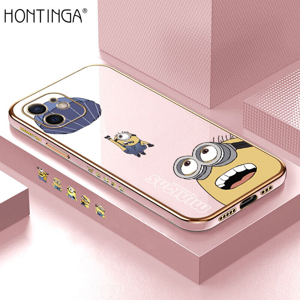 Hontinga for iPhone 12 Back Cover + Free Lanyard Luxury 6D Plating Yellow Cartoon Character Pattern Case Soft Silicone Square Phone Cases