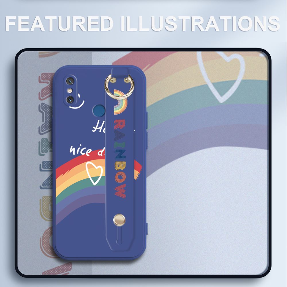 UCUC for Xiaomi Mi 8 Wrist Strap Case INS Style Smile Rainbow Cover Ultra Thin Anti Fall Liquid Silicone Phone Case