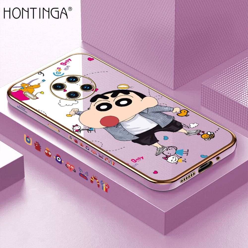 Hontinga for Huawei Mate 30 Pro Back Cover + Free Lanyard Luxury 6D Plating Cartoon Crayon Shin-chan Side Pattern Case Soft Silicone Square Phone Cases