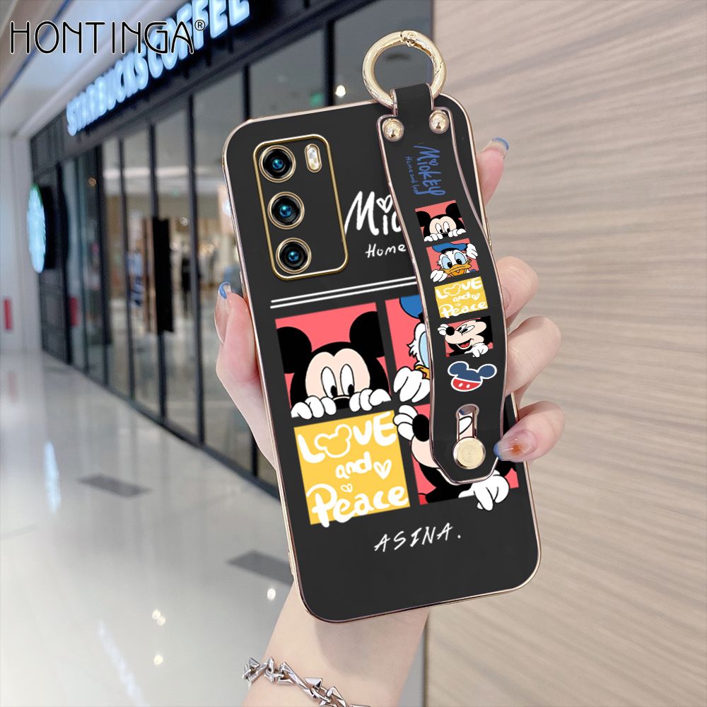 Hontinga for Huawei P40 Back Cover With Wristband Luxury 6D Plating Cartoon Case Soft Silicone Square Phone Cases