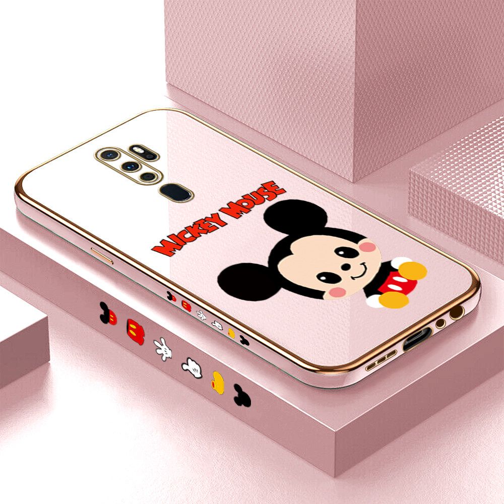 Luxury 6D Plating Case for OPPO A9 2020 Cute Cartoon Mouse Side Pattern Back Cover Soft Silicone Square Frame Shiny Bling Phone Cases + Free Lanyard