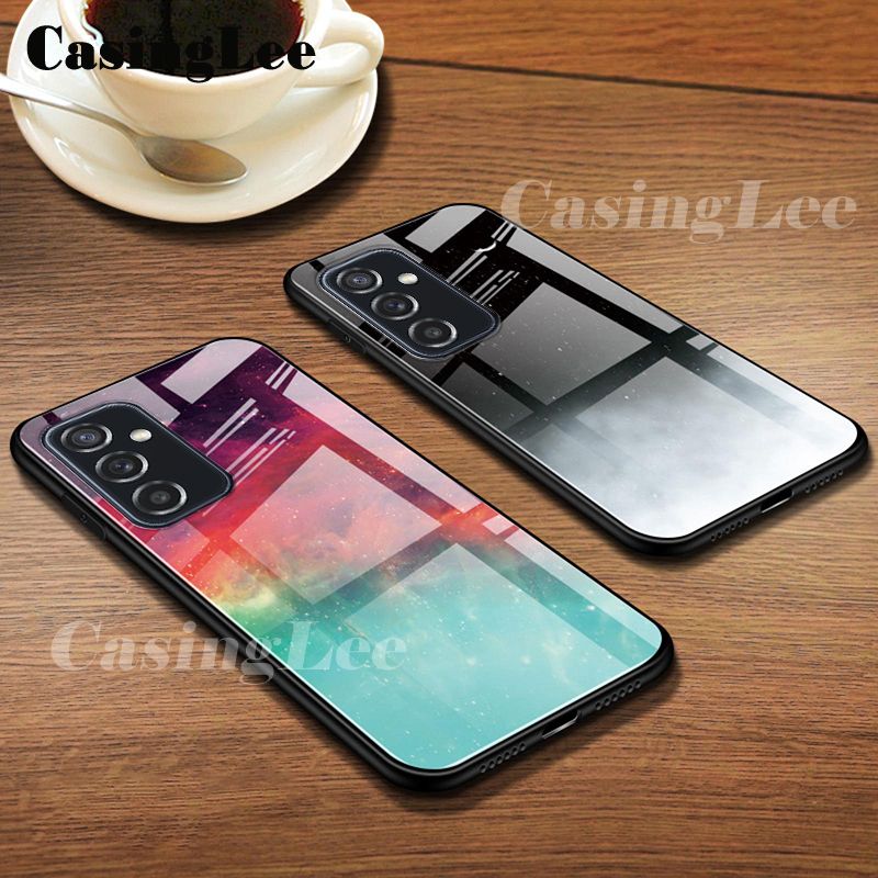 For Samsung Galaxy M52 case Tempered Glass Protector Phone Cases Starry Sky Couple Phone Back cover for Samsung M52 Mirror Glass For girls and Boys